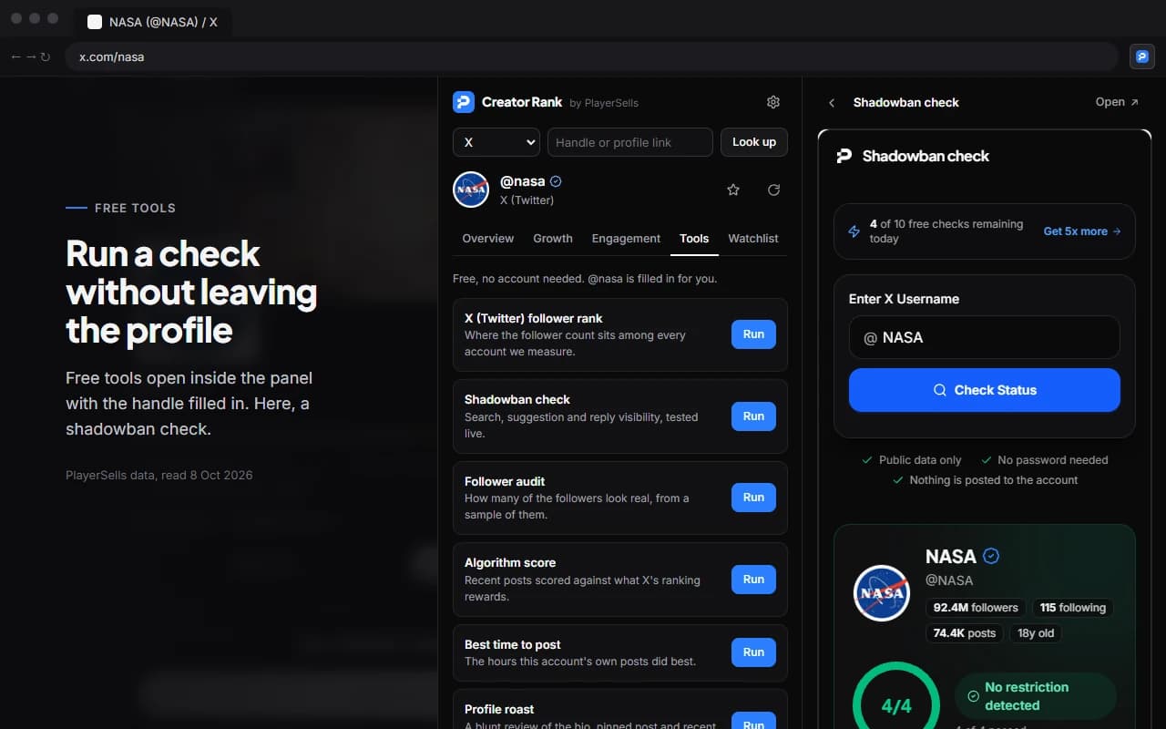 The Tools tab on NASA's X profile running a shadowban check inside the side panel, with the handle filled in and a result of 4 of 4 checks passed, no restriction detected.